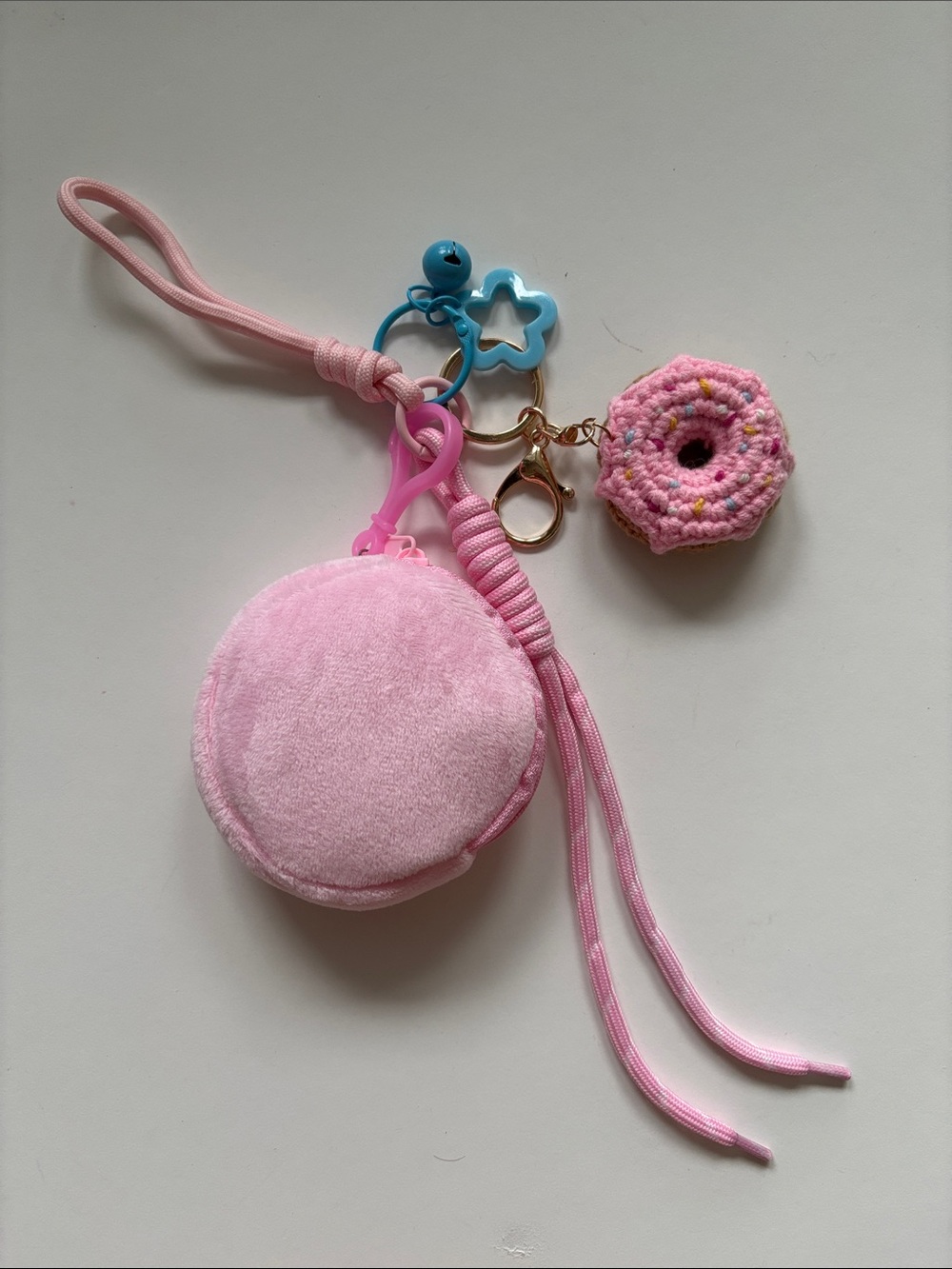Pink Plush Wristlet Keychain Pouch with Decorative Charms